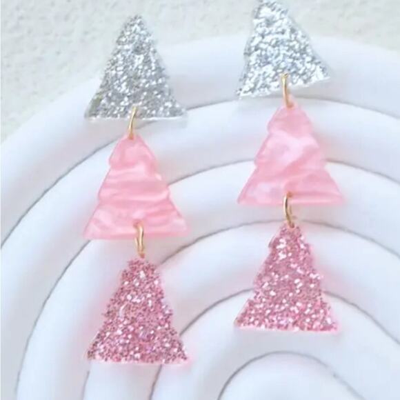 Pink Christmas Trees Earrings - Picture 2 of 2